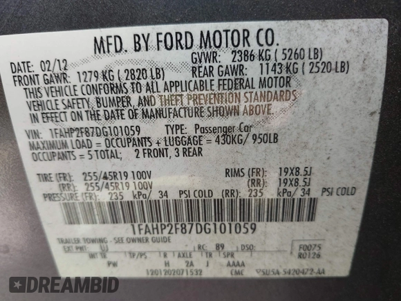 2013 Ford Taurus Limited with VIN 1FAHP2F87DG101059, listed as a IAAI auction lot 42024526 with 105,668 mi miles and . Bid and sale history available at DreamBid. Image 9.