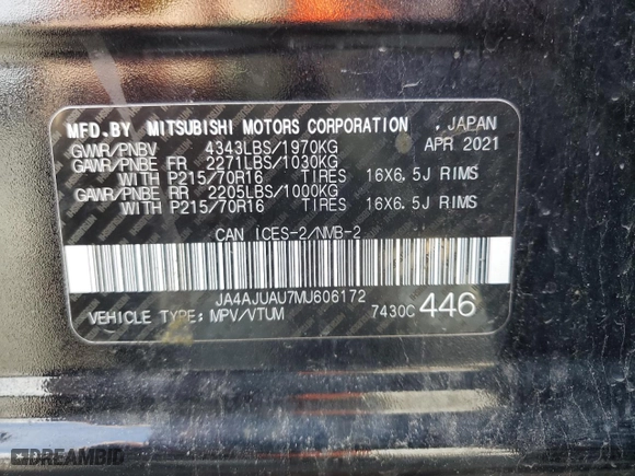 2021 Mitsubishi RVR ES with VIN JA4AJUAU7MU606172, listed as a Copart auction lot 70651474 with 92407 miles and Salvage Title. Bid and sale history available at carsss.com. Image 13.