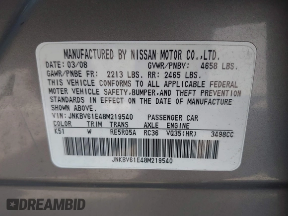 2008 Infiniti G35 Journey with VIN JNKBV61E48M219540, listed as a IAAI auction lot 42157760 with 96,488 mi miles and . Bid and sale history available at DreamBid. Image 9.