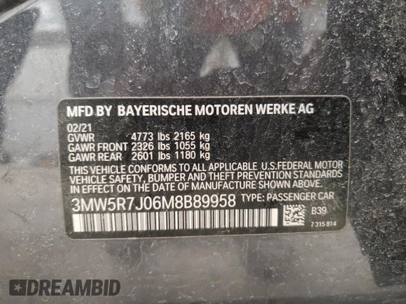 2021 BMW 3 Series 330i xDrive with VIN 3MW5R7J06M8B89958, listed as a Copart auction lot 53075975 with 35,240 mi miles and Salvage Title. Bid and sale history available at carsss.com. Image 12.