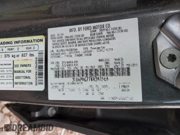 2019 Ford Fusion S with VIN 3FA6P0G77KR284566, listed as a Copart auction lot 49123375 with 189,516 mi miles and Salvage Title. Bid and sale history available at DreamBid. Image 13.