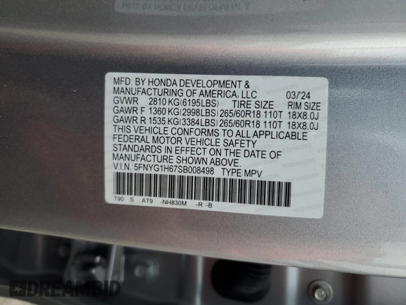 2025 Honda Pilot TrailSport with VIN 5FNYG1H67SB008498, listed as a Copart auction lot 72145884 with 798 mi miles and Salvage Title. Bid and sale history available at carsss.com. Image 14.