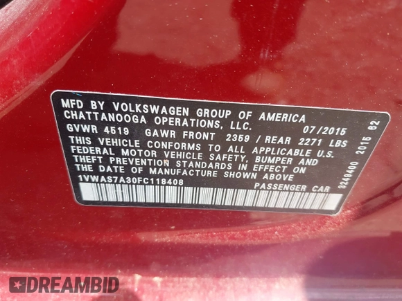 2015 Volkswagen Passat Limited Edition with VIN 1VWAS7A30FC118408, listed as a IAAI auction lot 42759393 with 142,921 mi miles and . Bid and sale history available at DreamBid. Image 9.