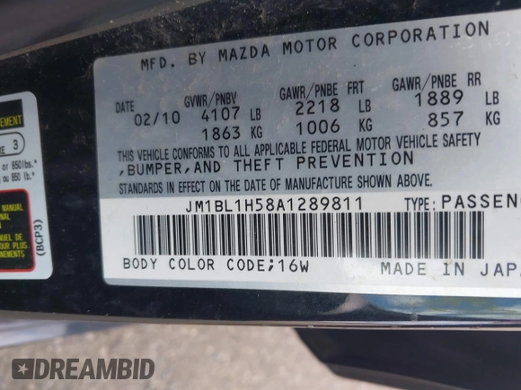 2010 Mazda 3 S Sport with VIN JM1BL1H58A1289811, listed as a IAAI auction lot 42247957 with 141,481 mi miles and . Bid and sale history available at DreamBid. Image 9.