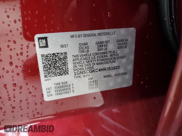 2017 Chevrolet Suburban LS with VIN 1GNSCGKC4HR351623, listed as a Copart auction lot 43326795 with 124,023 mi miles and Salvage title. Bid and sale history available at DreamBid. Image 13.