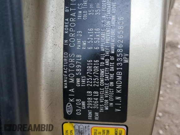 2008 Kia Sedona with VIN KNDMB133586265836, listed as a Copart auction lot 50717925 with 126,892 mi miles and Salvage Title. Bid and sale history available at carsss.com. Image 13.