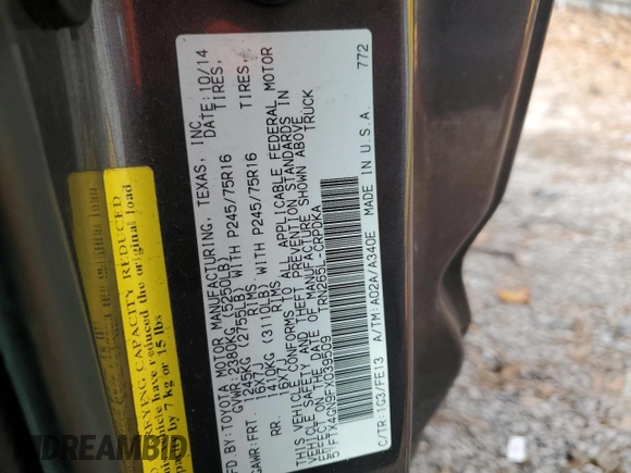 2015 Toyota Tacoma PreRunner with VIN 5TFTX4GN9FX039509, listed as a Copart auction lot 43815055 with 175,462 mi miles and Salvage title. Bid and sale history available at DreamBid. Image 12.