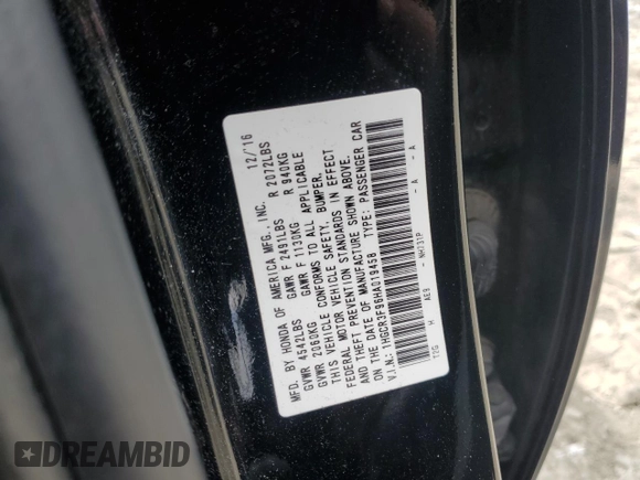 2017 Honda Accord Touring with VIN 1HGCR3F96HA019458, listed as a Copart auction lot 59915105 with 135,739 mi miles and Salvage title. Bid and sale history available at DreamBid. Image 12.