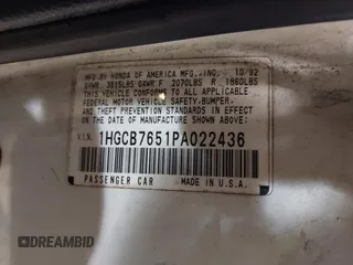1993 Honda Accord z VIN 1HGCB7651PA022436, wystawiony jako IAAI lot #41785092 z przebiegiem Nie podano mil oraz . Historia ofert i sprzedaży dostępna na DreamBid. Obrazek 9.