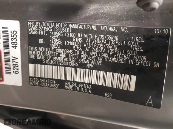 2011 Toyota Sienna LE with VIN 5TDJK3DC2BS013045, listed as a IAAI auction lot 41127037 with 239,401 mi miles. Bid and sale history available at carsss.com. Image 9.
