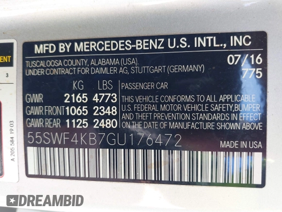 2016 Mercedes-Benz C 300 Luxury with VIN 55SWF4KB7GU176472, listed as a IAAI auction lot 42329283 with 40,780 mi miles and . Bid and sale history available at DreamBid. Image 9.