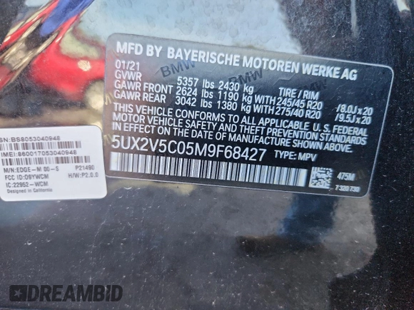 2021 BMW X4 M40i with VIN 5UX2V5C05M9F68427, listed as a Copart auction lot 64941095 with 50,208 mi miles and Salvage title. Bid and sale history available at DreamBid. Image 12.