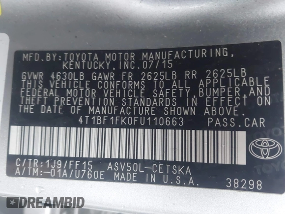 2015 Toyota Camry XLE with VIN 4T1BF1FK0FU110663, listed as a IAAI auction lot 41931382 with 187,648 mi miles. Bid and sale history available at carsss.com. Image 9.