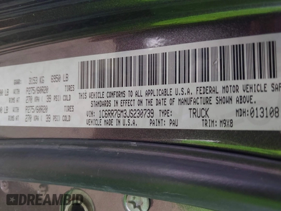 2018 Ram 1500 SLT z VIN 1C6RR7GM3JS230739, wystawiony jako IAAI lot #39968112 z przebiegiem 175 151 mil mil oraz . Historia ofert i sprzedaży dostępna na DreamBid. Obrazek 9.