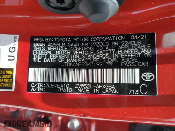 2021 Toyota Prius LE with VIN JTDKAMFP7M3192135, listed as a Copart auction lot 64205425 with 20,807 mi miles and Non repairable. Bid and sale history available at DreamBid. Image 12.