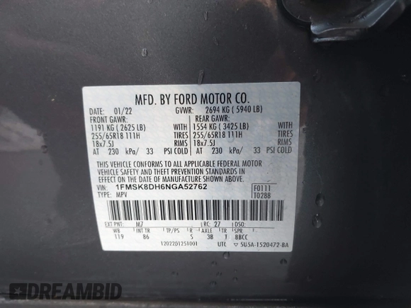2022 Ford Explorer XLT с VIN 1FMSK8DH6NGA52762, выставлен на аукционе IAAI как лот 38408049 с пробегом 44 590 миль миль и . История ставок и продаж доступна на DreamBid. Изображение 9.