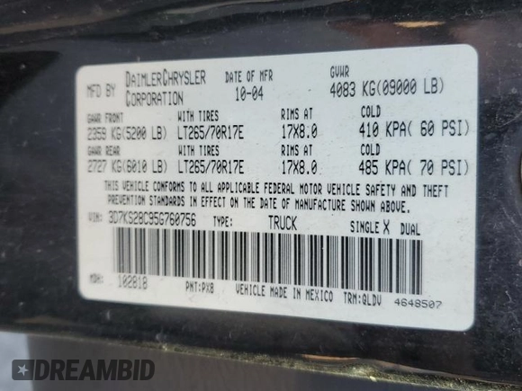 2005 Dodge Ram 2500 SLT with VIN 3D7KS28C95G760756, listed as a Copart auction lot 82155214 with 242,175 mi miles and Salvage Title. Bid and sale history available at carsss.com. Image 12.