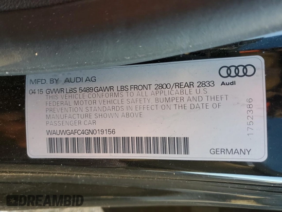 2016 Audi A7 3.0 Premium Plus with VIN WAUWGAFC4GN019156, listed as a Copart auction lot 76039163 with 155,124 mi miles. Bid and sale history available at carsss.com. Image 13.