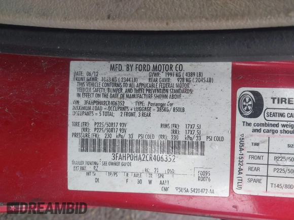 2012 Ford Fusion SE with VIN 3FAHP0HA2CR406352, listed as a IAAI auction lot 42253023 with 159,209 mi miles and . Bid and sale history available at DreamBid. Image 9.