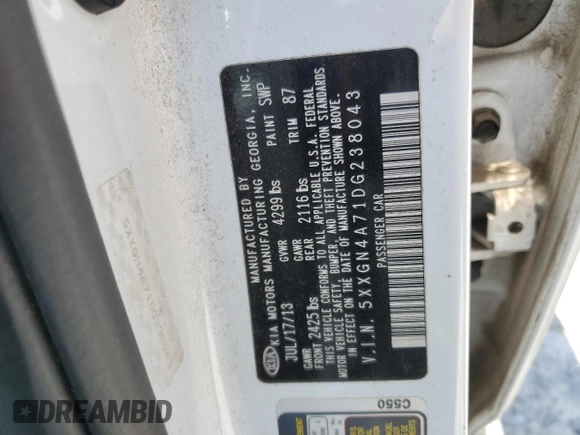 2013 Kia Optima EX with VIN 5XXGN4A71DG238043, listed as a Copart auction lot 62005815 with 118,519 mi miles and Salvage title. Bid and sale history available at DreamBid. Image 12.