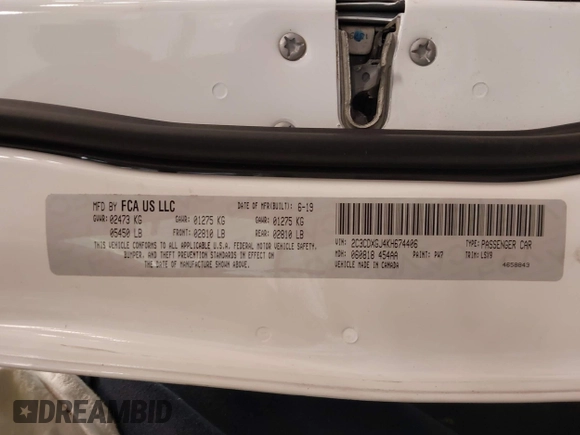 2019 Dodge Charger Scat Pack с VIN 2C3CDXGJ4KH674406, выставлен на аукционе IAAI как лот 42083857 с пробегом 54 510 миль миль и . История ставок и продаж доступна на DreamBid. Изображение 9.