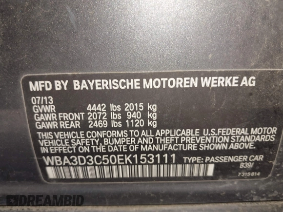 2014 BMW 3 Series 328d with VIN WBA3D3C50EK153111, listed as a IAAI auction lot 41980101 with 127,390 mi miles and . Bid and sale history available at carsss.com. Image 9.