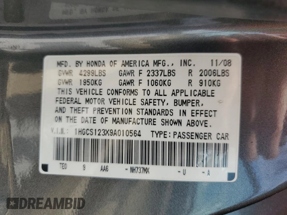 2009 Honda Accord LX-S with VIN 1HGCS123X9A010564, listed as a Copart auction lot 54785675 with 232,806 mi miles and Salvage Title. Bid and sale history available at DreamBid. Image 13.