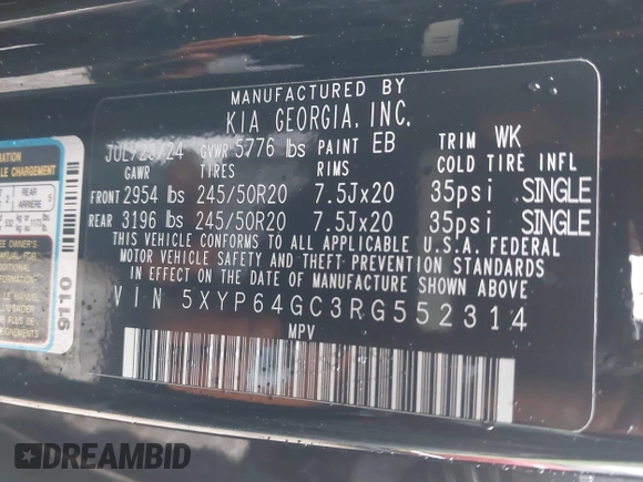 2024 Kia Telluride S with VIN 5XYP64GC3RG552314, listed as a IAAI auction lot 42289614 with 2,408 mi miles and . Bid and sale history available at DreamBid. Image 9.