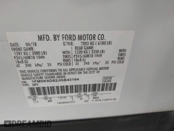 2018 Ford Explorer XLT with VIN 1FM5K8D82JGB43194, listed as a IAAI auction lot 39942301 with 123,033 mi miles and . Bid and sale history available at carsss.com. Image 9.