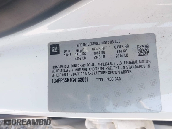 2016 Buick Verano with VIN 1G4PP5SK1G4133001, listed as a IAAI auction lot 42633718 with 90,957 mi miles and . Bid and sale history available at DreamBid. Image 9.