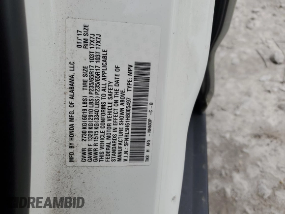 2017 Honda Odyssey EX-L with VIN 5FNRL5H61HB005497, listed as a Copart auction lot 50455795 with 102,046 mi miles and Salvage Title. Bid and sale history available at DreamBid. Image 13.