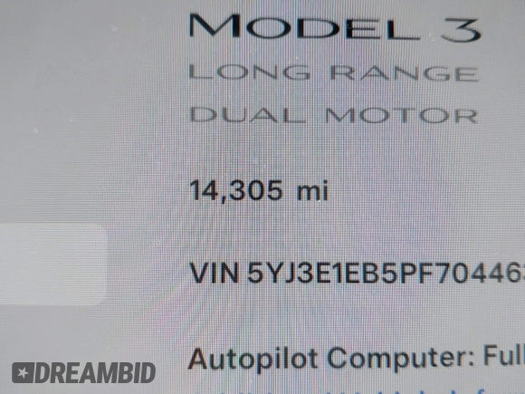 2023 Tesla Model 3 Long Range with VIN 5YJ3E1EB5PF704463, listed as a IAAI auction lot 41916627 with 14,305 mi miles and . Bid and sale history available at DreamBid. Image 15.