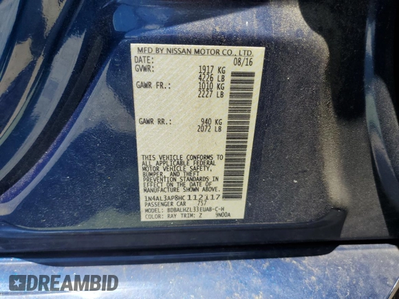 2017 Nissan Altima SR with VIN 1N4AL3AP8HC112117, listed as a Copart auction lot 55882375 with 67,972 mi miles and Salvage title. Bid and sale history available at DreamBid. Image 12.