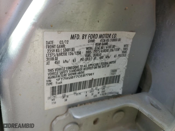 2012 Ford Super Duty F-250 SRW XL with VIN 1FT7W2BT7CEB77961, listed as a Copart auction lot 44138435 with 246,977 mi miles and Salvage Title. Bid and sale history available at carsss.com. Image 14.