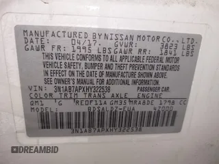 2017 Nissan Sentra S with VIN 3N1AB7APXHY322538, listed as a IAAI auction lot 41507152 with Not Provided miles and . Bid and sale history available at DreamBid. Image 9.