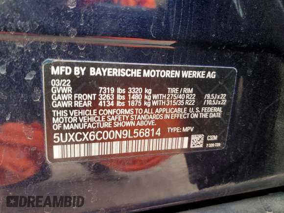 2022 BMW X7 M50i z VIN 5UXCX6C00N9L56814, wystawiony jako Copart lot #46108725 z przebiegiem 35 216 mil mil oraz Szkoda całkowita • Salvage title. Historia ofert i sprzedaży dostępna na DreamBid. Obrazek 13.