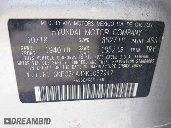2019 Hyundai Accent SE with VIN 3KPC24A32KE057947, listed as a IAAI auction lot 42242523 with 67,192 mi miles and . Bid and sale history available at DreamBid. Image 9.