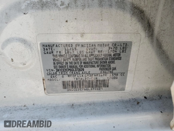 2016 Nissan Note S with VIN 3N1CE2CP6GL373529, listed as a Copart auction lot 62137365 with 119,563 mi miles and Salvage title. Bid and sale history available at DreamBid. Image 12.