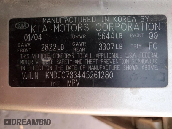 2004 Kia Sorento LX with VIN KNDJC733445261280, listed as a Copart auction lot 81829564 with 251,353 mi miles and Salvage Title. Bid and sale history available at carsss.com. Image 14.
