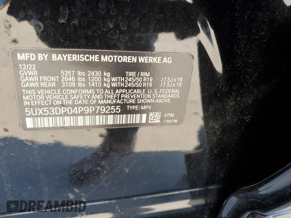 2023 BMW X3 xDrive30i with VIN 5UX53DP04P9P79255, listed as a Copart auction lot 86641004 with 0 mi miles and Salvage Title. Bid and sale history available at carsss.com. Image 13.
