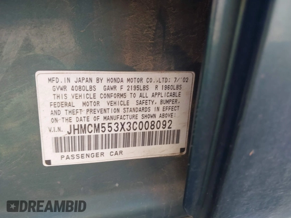 2003 Honda Accord LX z VIN JHMCM553X3C008092, wystawiony jako IAAI lot #42171596 z przebiegiem 238 785 mil mil oraz . Historia ofert i sprzedaży dostępna na DreamBid. Obrazek 9.