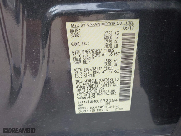 2012 Nissan Pathfinder SV with VIN 5N1AR1NN4CC632194, listed as a IAAI auction lot 41871512 with 135,571 mi miles. Bid and sale history available at carsss.com. Image 9.