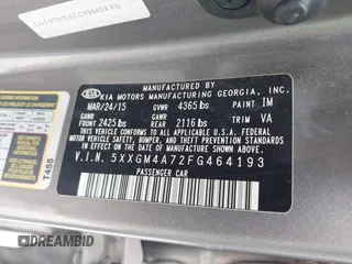 2015 Kia Optima LX with VIN 5XXGM4A72FG464193, listed as a IAAI auction lot 39285719 with 198,383 mi miles and . Bid and sale history available at carsss.com. Image 9.