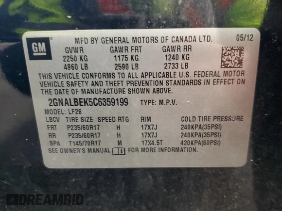 2012 Chevrolet Equinox LS with VIN 2GNALBEK5C6359199, listed as a Copart auction lot 50367145 with 178,200 mi miles and Salvage Title. Bid and sale history available at DreamBid. Image 15.