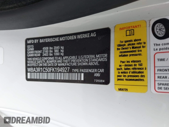 2015 BMW 4 Series 435i with VIN WBA3R1C50FK194927, listed as a IAAI auction lot 42104577 with Not provided miles and . Bid and sale history available at DreamBid. Image 9.