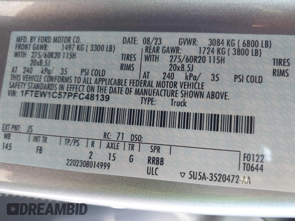 2023 Ford F-150 XL with VIN 1FTEW1C57PFC48139, listed as a IAAI auction lot 41725706 with 40,024 mi miles and . Bid and sale history available at DreamBid. Image 9.