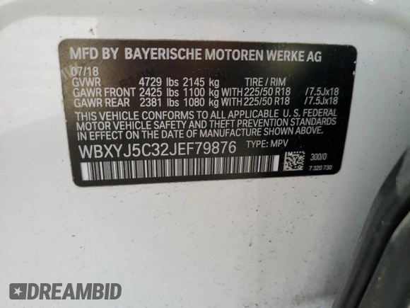 2018 BMW X2 xDrive28i with VIN WBXYJ5C32JEF79876, listed as a Copart auction lot 50138865 with 58,303 mi miles and Salvage Title. Bid and sale history available at carsss.com. Image 14.