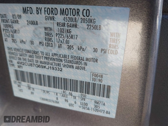 2009 Mercury Mariner Premier с VIN 4M2CU87G69KJ19332, выставлен на аукционе IAAI как лот 41011224 с пробегом 193 301 миль миль и . История ставок и продаж доступна на DreamBid. Изображение 9.