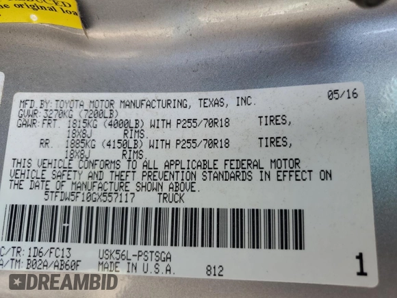 2016 Toyota Tundra SR5 z VIN 5TFDW5F10GX557117, wystawiony jako Copart lot #56503625 z przebiegiem 138 648 mil mil oraz Szkoda całkowita • Salvage title. Historia ofert i sprzedaży dostępna na DreamBid. Obrazek 12.