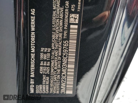 2022 BMW 2 Series 230i with VIN 3MW23CM03N8C59765, listed as a Copart auction lot 44699035 with 14,101 mi miles and Salvage Title. Bid and sale history available at carsss.com. Image 12.